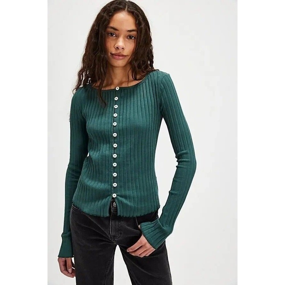 Free People Tilly Long-Sleeve Cardi Blouse Top Knit Ribbed Button Down XS 280714